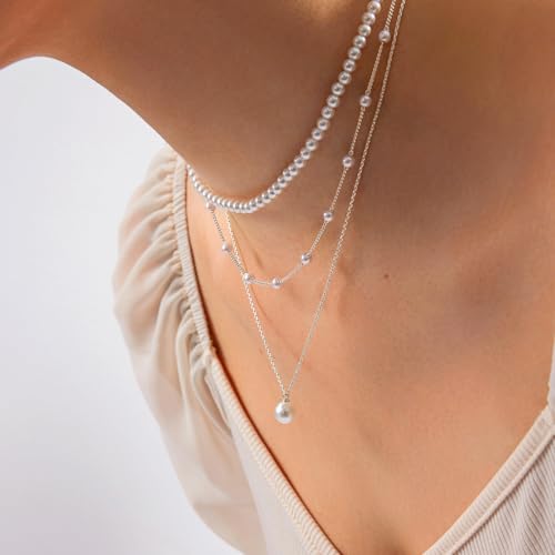 LULII Pearl Necklaces for Women 14K Gold Plated Dainty Layered Single Pearl Necklace Simple Daisy Pearls Choker Cute Gold Necklace Stack Jewelry Sets for Women Trendy Gifts - color: Silver-Layered Pearl