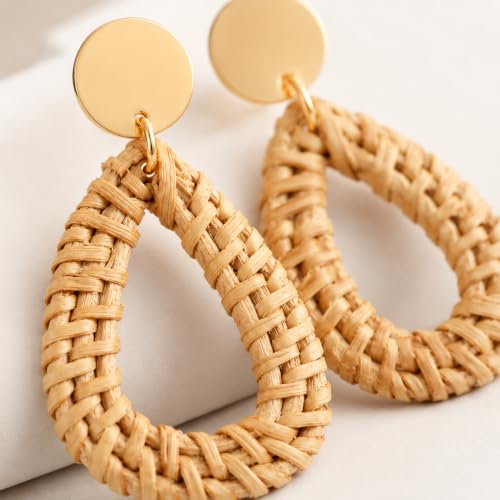 Handmade Rattan Teardrop Dangle Earrings for Women, Lightweight Boho Woven Statement Earrings with Gold Fish Hook, Natural Straw Weave Vacation Jewelry for Summer Beach - style: Woven Teardrop Hoop