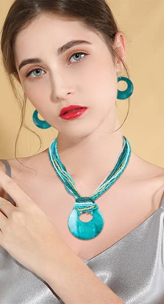 Coiris Multi Strand Statement Colorful Beaded Necklace with Big Circle Shell Pendant for Women - color: Dark Teal