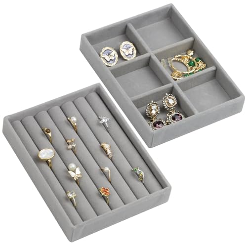 Fordonral Velvet Jewelry Organizer Box, Jewelry Drawer Organizers Trays, Earring Ring Necklace Holder Display Case (Gray, Ring+6 Grid Trays) - color: Gray, size: Ring+6 Grid Trays