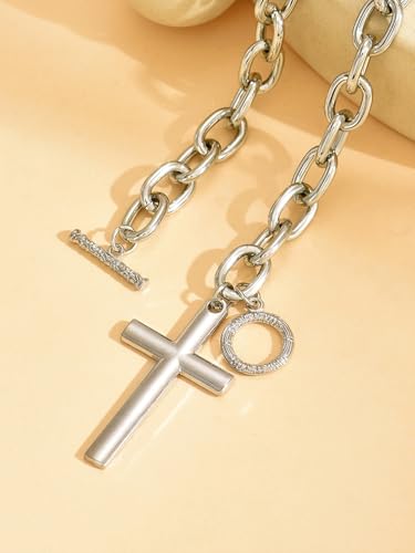 Chunky Gold Cross Necklace for Women Layered Necklace Retro Big Gold Cross Pendant Necklace Statement Chunky Chain Choker Necklaces Thick OT Buckle Chain Long Necklace Jewelry - style: Style1-silver