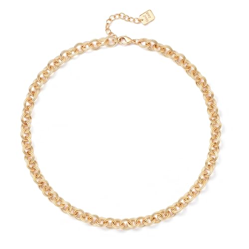 Aobei Pearl 18K Gold Plated Paperclip Chain Choker Satellite Chain Freshwater Cultured Biwa Pearl Pendant Necklace Dainty Turquoise Jewelry for Women - color: 18K Gold Plated Double-loop Oval Chain