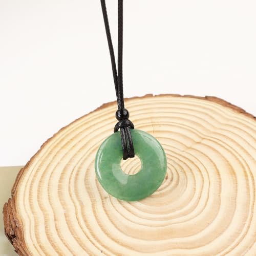 FANASY Natural Gemstone Pendant Necklce Lucky Coin Crystal Necklace Protection Donut Pendnat with Adjustable Rope for Men Women - color: Green Aventurine