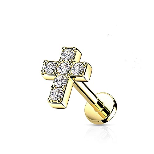 Covet Jewelry 6 CZ Cross Top with Internally Threaded Surgical Steel Flat Back Studs with Extended Threading for Labret, Monroe, Cartilage and More - style: 16GA, L: 1/4" (6mm), Gold