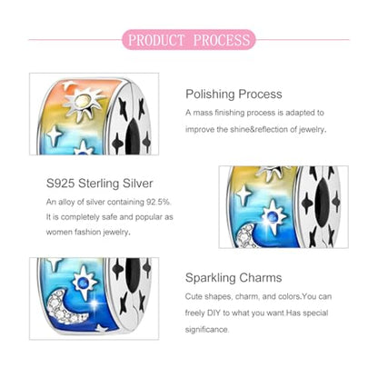 925 Sterling Silver Openable Clip Spacer Bead Fits Pandora Bracelet | Hypoallergenic Clip Stopper Charm, Star Clover Butterfly Floral Mom Heart Paved Zircon Gift for DIY Charm Bracelet Jewelry - color: Sun Moon Star