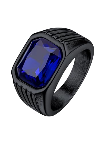 Bestyle Chunky Signet Ring for Men, Stainless Steel/Black Ring Synthetic Gemstone Band Ring Biker Ring for Men, Thumb Pinky Ring Mens Fashion Ring Jewelry Size 7-14, Gift Package - color: 3.blue sapphire-black
