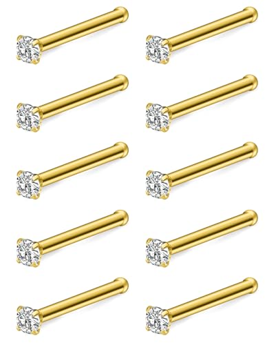 Hoeudjo Nose Studs Surgical Steel Cubic Zirconia Nose Rings Kit for Women Men Tiny Nose Stud Bone & Screw & L Shaped Nostril Piercing Jewelry 24/22/20/18 Gauge 10 Pieces - color: gold-tone,nose bone studs, size: 18g/1.5mm clear CZ