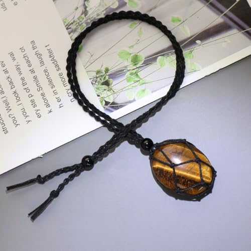 weryerker Natural Gemstone Pendant Necklace Healing Crystal Stone Pendant with Hand-Woven Rope Adjustable for Women Men - color: 1PC Tiger's Eye