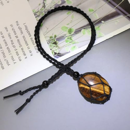 weryerker Natural Gemstone Pendant Necklace Healing Crystal Stone Pendant with Hand-Woven Rope Adjustable for Women Men - color: 1PC Tiger's Eye