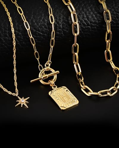 MJartoria Layered Initial Necklaces for Women | 14K Gold Plated Brass, Star Choker, Square Letter Pendant, Paperclip Chain - color: Gold, style: H
