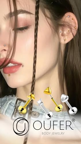 OUFER G23 Titanium Threadless Labret Studs – Flat Back Push Pin Earrings for Tragus, Helix, Monroe, Conch, Lip Piercing – 16G/18G, 6MM/8MM - color: Silver-Heart, size: 16g 8mm