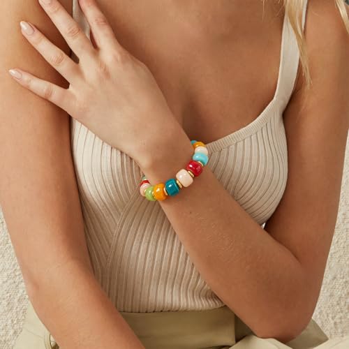 VIBILIA Chunky Beaded Bracelet for Women Multicolor Big Resin Acrylic Bead Elastic Stretch Bracelet, Trendy Statement Bracelets Boho Summer Beach Vacation Charm Jewelry - color: Round-Colorful