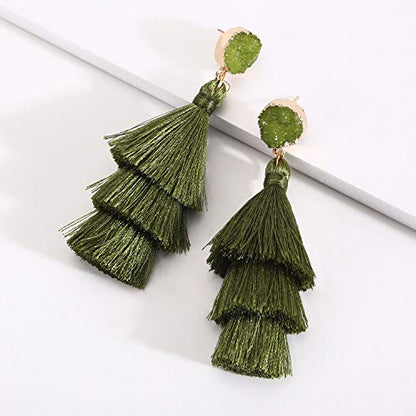 Bohemian Tiered Tassel Earrings with Druzy Stud for Women | Long Layered Fringe Drop Earrings, Statement Jewelry for Party Beach Festival - color: Green