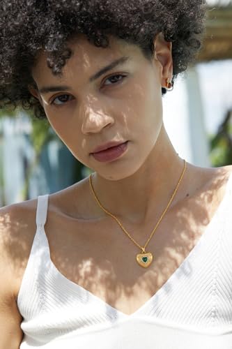 NUZON Sunburst Heart / 2-Tone Interlocking/CZ Evil Eye/Single Pearl/Love Heart Pendant Necklace for Women 14K Gold Chain Necklace Chunky Statement Jewelry - color: Emerald Heart