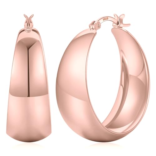 Senteria 12mm Wide Thick Sterling Silver Hoop Earrings Hypoallergenic | 14K Real Gold Plated Hoops Large Earring Lightweight Chunky Hoops Earring for Women Gift for Birthday Christmas 25/30/40/50MM - color: Rose Gold-25mm