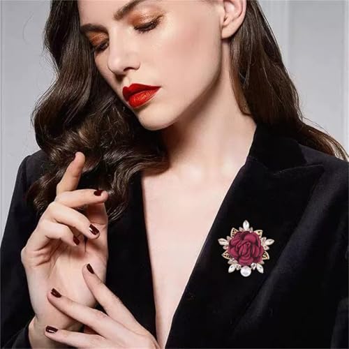 Handmade Elegant Red Rose Flower Brooch Pin for Women Crystal Pearl Fabric Flower Lapel Pin Dress Suit Accessories - color: Red