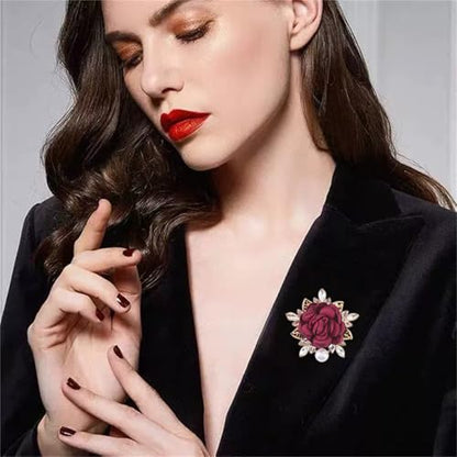 Handmade Elegant Red Rose Flower Brooch Pin for Women Crystal Pearl Fabric Flower Lapel Pin Dress Suit Accessories - color: Red