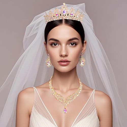 Crowns and Tiaras jewelry sets for Wedding princess birthday party Halloween Prom Pageant Jewelry for Women Crystal Bridal Jewelry Set for women - color: Gold AB