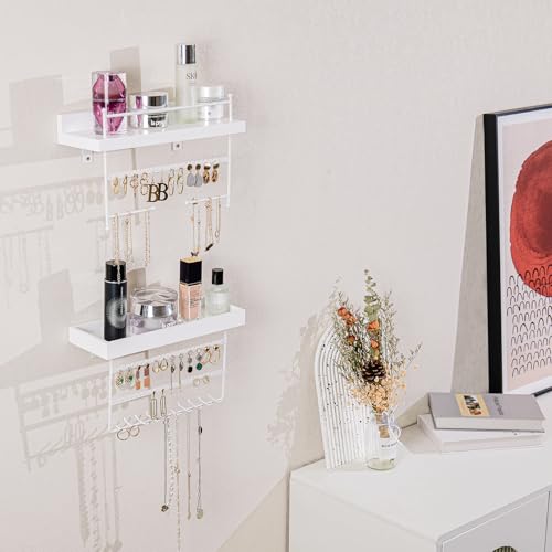 Lolalet Wall Mount Hanging Jewelry Organizer -Set of 2, White | Versatile Hanging Holder with Hooks for Earrings, Bracelets and Necklaces, Easy to Install on Bathroom Wall - color: White