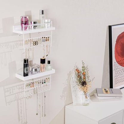 Lolalet Wall Mount Hanging Jewelry Organizer -Set of 2, White | Versatile Hanging Holder with Hooks for Earrings, Bracelets and Necklaces, Easy to Install on Bathroom Wall - color: White