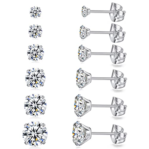 6 Pairs Stud Earrings Set, Hypoallergenic Cubic Zirconia Earrings 316L Stainless Steel CZ Earrings 3-8mm - color: A-White CZ