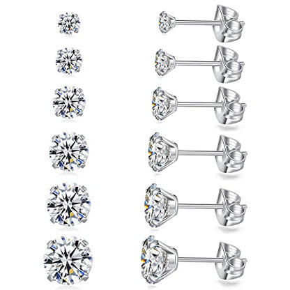 6 Pairs Stud Earrings Set, Hypoallergenic Cubic Zirconia Earrings 316L Stainless Steel CZ Earrings 3-8mm - color: A-White CZ