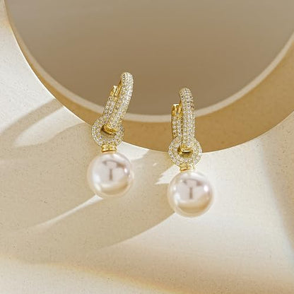 YOIHUR Drop Dangle Pearl Earrings for Women, Dainty 14K Gold Plated Pearl Hoop Earrings Hypoallergenic Wedding Pearls Dangle Earrings Jewelry Gift for Women Bridal - color: Gold -Lighting CZ Pearl Earrings