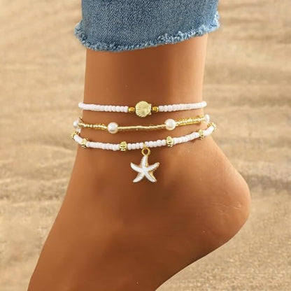 Boho Beach Anklet Set, 3-Layer White Beaded with Gold Shell and Starfish Charms, Pearl Accents