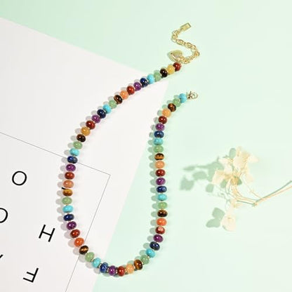 Boho Gemstone Beaded Necklace for Women – Colorful Natural Stone Choker 18K Solid Heart-Shaped Pendant, Summer Beach Jewelry - color: Seven Chakra Stones