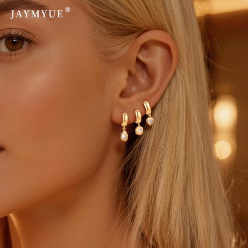 3Pcs Dangle Earrings for Women 14K Gold/Silver small Drop Earring Huggie Hoop Hypoallergenic Cubic Zirconia Cute Charm Non Tarnish Teardrop Trendy Jewelry Gifts for Women - color: Gold
