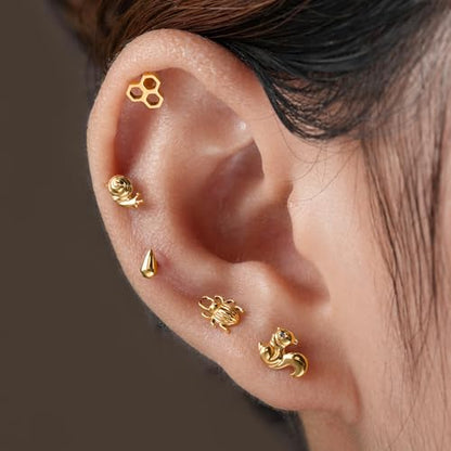 FINE4U Cartilage Christmas Piercing Jewelry 16G 6mm 8mm - ASTM F136 Titanium, Flat Back Labret Stud for Helix Flat Lobe, Elk Minimalist Earring, Squirrel Earrings - color: Squirrel - Gold