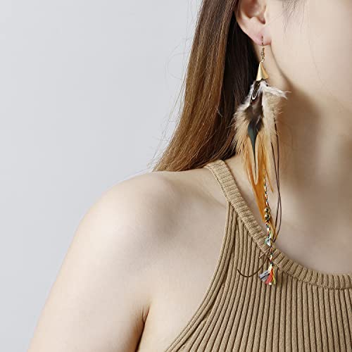 Natural Feather Earrings Bohemian Long for Women Handmade Feather Jewelry Tassel Dangle