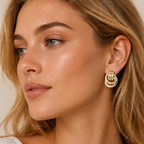 Jean Beau Chunky Gold Stud Earrings for Women Trendy Gold Plated Dangle Drop Prom Birthday Fashion Office Jewelry Gift - color: Gold