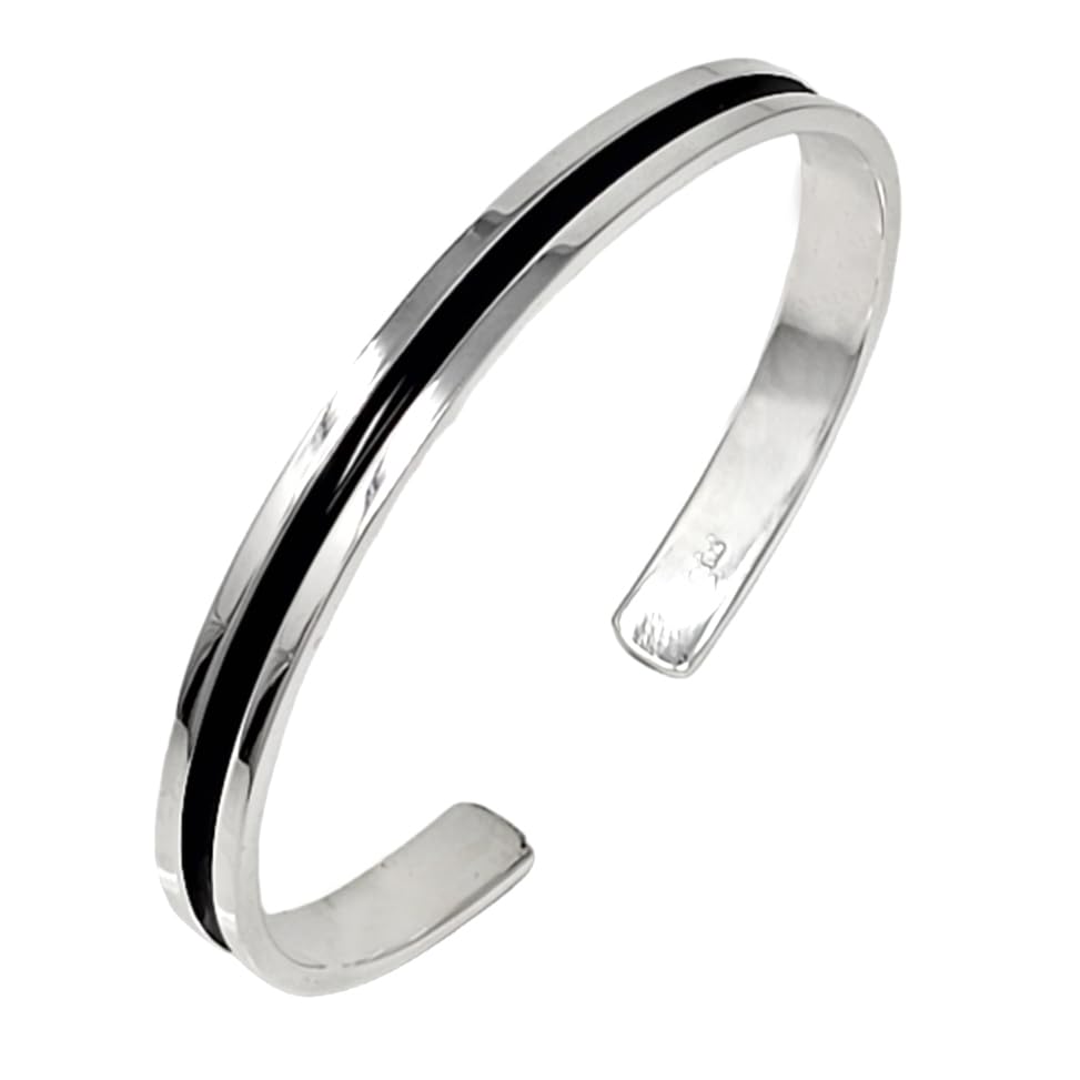 Handmade Men's Solid 925 Sterling Silver Bangle, 7mm Single Line Silver Cuff Bangle Bracelet for Men