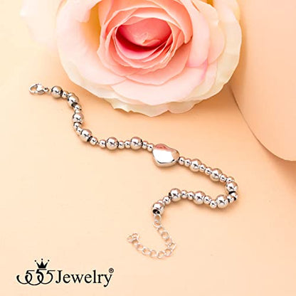 555Jewelry Stainless Steel Beads & Puffed Heart Charm Bracelet for Women & Ladies - color: Silver