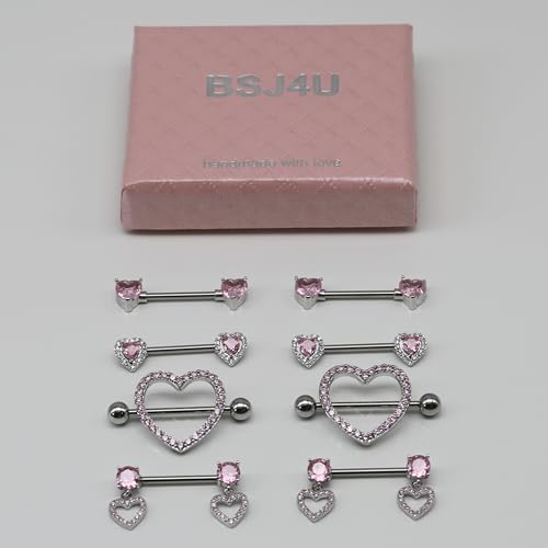 BSJ4U Nipple Ring and Belly Button Ring Set 14G Stainless Steel Sparkly Pink CZ Heart Bar Barbell Nipple Belly Piercing Body Jewelry - style: Cute