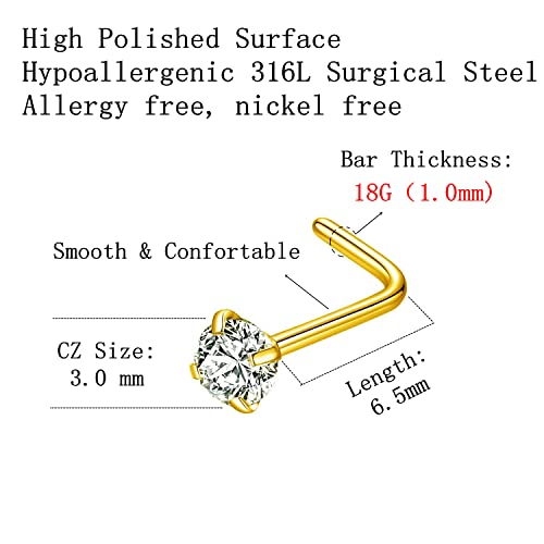 316L Surgical Steel 22g/20g/18g Nose Rings Studs L-Shape Nose Nostrial Piercing Body Jewerly L Shaped Nose Studs 1.5mm 2mm 2.5mm 3mm CZ Nose Screw Studs Rings for Women - style: 6pcs/L-shape/18g/3.0mm Clear CZ/Gold