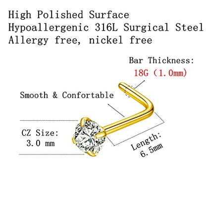 316L Surgical Steel 22g/20g/18g Nose Rings Studs L-Shape Nose Nostrial Piercing Body Jewerly L Shaped Nose Studs 1.5mm 2mm 2.5mm 3mm CZ Nose Screw Studs Rings for Women - style: 6pcs/L-shape/18g/3.0mm Clear CZ/Gold