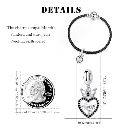 Sweet 16 Celebration Dangle Charm Happy Birthday Compatible with Pandora Bracelet - color: Black