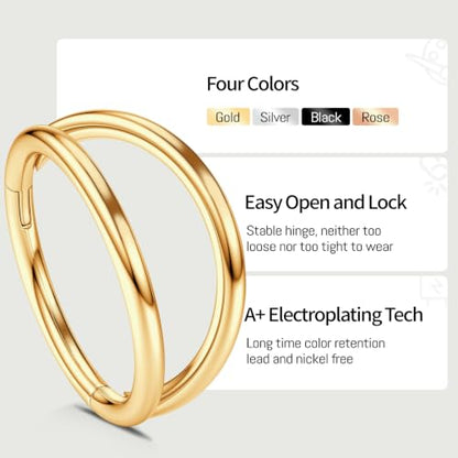 WBRWP 2PC Titanium Double Hoop Nose Rings: 16G/18G/20G Cartilage Earrings Septum Rings Clicker, Hypoallergenic Lightweight Conch Piercing Jewelry Black Gold Silver Rose Gold - color: Gold, size: 18g 7mm