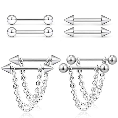 316L Surgical Steel Chain Dangle Nipple Shield Rings 14G Nipplering Barbell Piercing Jewelry for Women Men - color: Silver-tone/4Pr