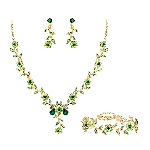 BriLove Women's Wedding Jewelry Set for Bride,Prom Bridal Accessories | Bling Crystal,Flower Leaf Cluster,Dangle Earrings Pendant Necklace Set,for Bridesmaid,Party Jewellery - color: 3Pcs-Emerald Color Gold-Plated-Base