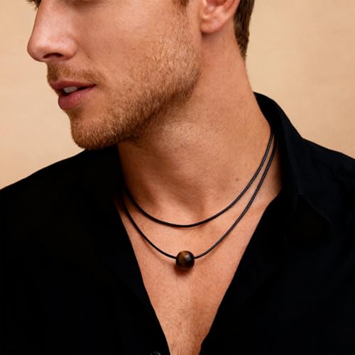 Tiger Eye Brown Wooden Beaded Layered Pendant Necklace for Women Men, Healing Crystal Natural Stone Blessing Women Necklaces Protection Fashion Jewelry Gift - color: Black Brown