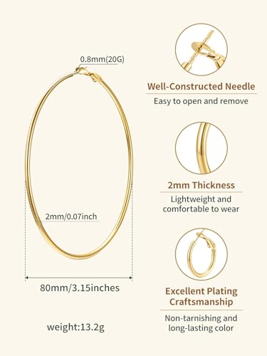 FindChic Thin Hoop Earrings for Women,Silver/Black/Gold Plated 20-100mm - color: Gold, size: 80mm