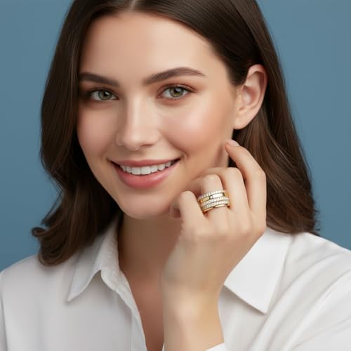 Waterproof Stacking Ring Set 14K Yellow Gold Plated Brass Cubic Zirconia Band Rings for Women Five Piece