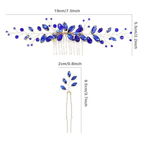 Dizila 7 Pieces Royal Blue Party Prom Wedding Bridal Crystal Rhinestone Vine Leaf Hair Side Combs + Rhinestone U-shaped Hair Pins Headpieces for Brides Bridesmaids Women Girls - color: Royal Blue