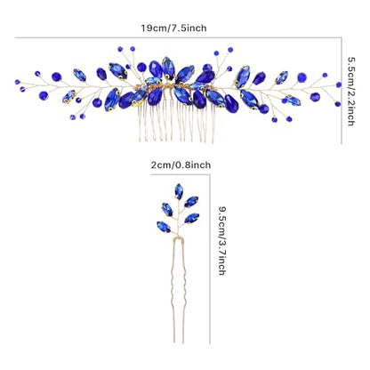 Dizila 7 Pieces Royal Blue Party Prom Wedding Bridal Crystal Rhinestone Vine Leaf Hair Side Combs + Rhinestone U-shaped Hair Pins Headpieces for Brides Bridesmaids Women Girls - color: Royal Blue