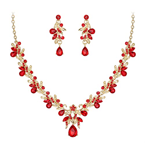 Women's Wedding Jewelry Set Leaf Flower for Bridal Prom Party | Stunning Crystal Teardrop Marquise Cluster Pendant Necklace Dangle Earrings Set for Bride Bridesmaid - color: 02-Ruby Color Gold-Plated-Base