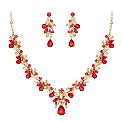 Women's Wedding Jewelry Set Leaf Flower for Bridal Prom Party | Stunning Crystal Teardrop Marquise Cluster Pendant Necklace Dangle Earrings Set for Bride Bridesmaid - color: 02-Ruby Color Gold-Plated-Base