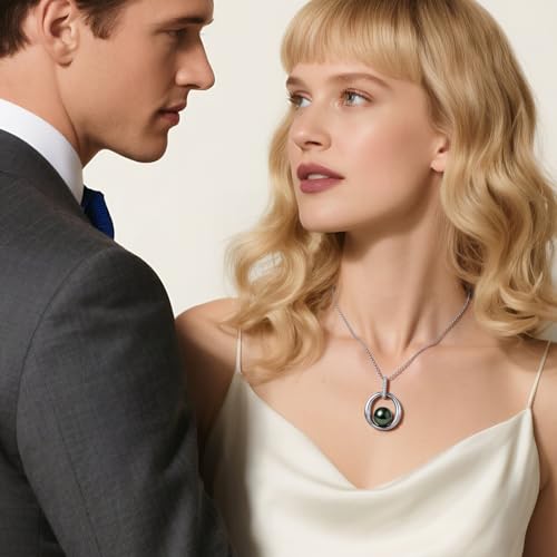 Genuine Tahitian Black Pearl Necklace for Women, 9-11mm AAAA Seawater Pearl with Sterling Silver Moissanite Pendant, Jewelry Gift for Wife, Mom, Girlfriend, Wedding Anniversary, Birthday, Christmas - size: 9-10mm, style: Halo Embrace
